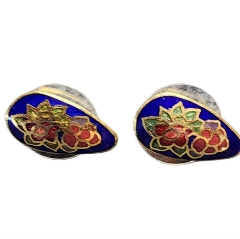 Vintage Cloisonne Floral Earrings Oval